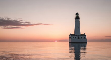 Lighthouse at Sunset - Coastal Scene with Calm Ocean and Sky