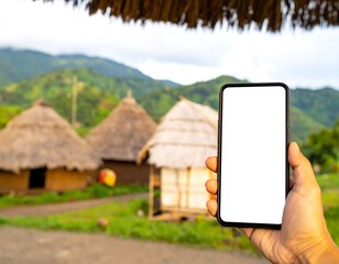 Smartphone held outdoors, showing blank screen