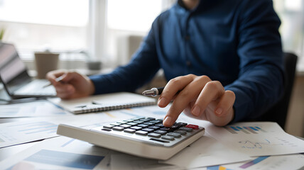 Financial Calculations: An individual meticulously reviews financial data using calculator, notebook and laptop computer, highlighting a scene of focused work, precise planning.