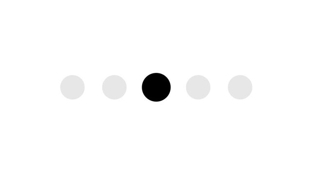 Five circle dot loading animation on clean white background symbolizing progress waiting buffering indicator concept digital percentage pre-loader modern minimal motion graphic design element.