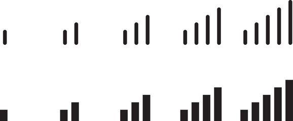 Vertical Signal Bars Icon Set – Minimalist Cellular and Wi-Fi Signal Strength Indicators in Thin Line and Solid Styles for Mobile Devices, Connectivity Status, and Web or App UI Design