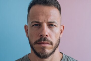 Fototapeta premium Close-up portrait of a man with a serious expression, against a backdrop of contrasting pastel colors, highlighting a thoughtful and intense gaze.