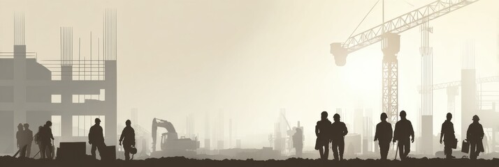 Naklejka premium Silhouetted construction workers are seen actively engaging in their tasks at a building site during golden hour,