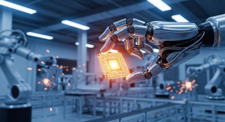 Robotic arm holding a glowing microchip in a factory setting with other robot arms working.