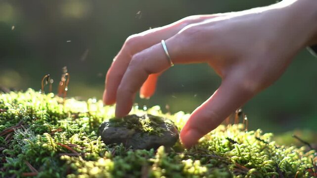 hand lifting mossy stone with gentle natural light and subtle forest breeze