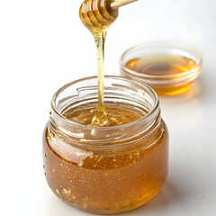 honey dripping into glass jar on white