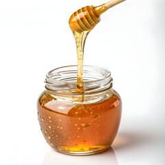 honey dripping into glass jar on white