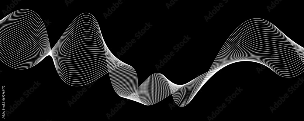 Poster elegant abstract white wave lines flowing smoothly across a deep black background, creating a minima