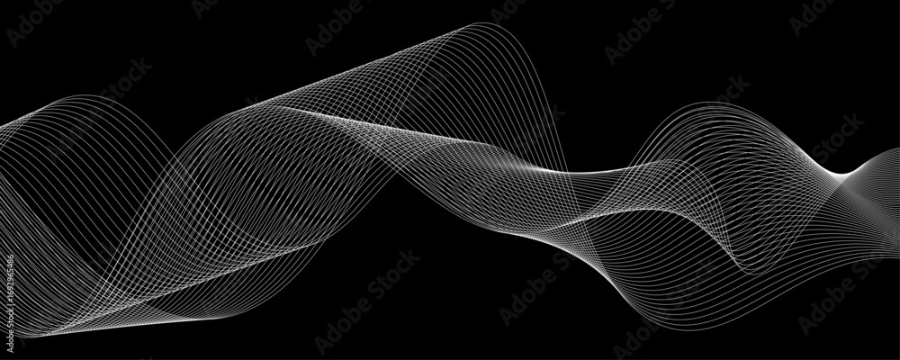 Poster elegant abstract white wave lines flowing smoothly across a deep black background, creating a minima