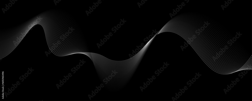 Poster elegant abstract white wave lines flowing smoothly across a deep black background, creating a minima