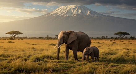 African Elephants and Kilimanjaro at Sunset.