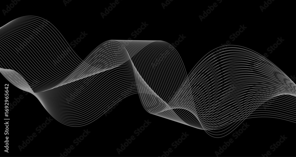 Poster elegant abstract white wave lines flowing smoothly across a deep black background, creating a minima