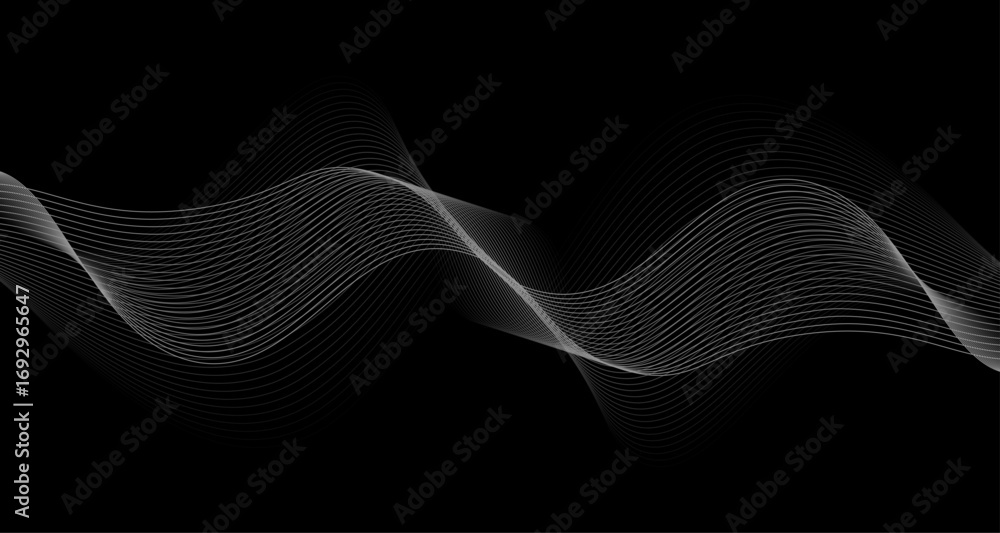 Poster elegant abstract white wave lines flowing smoothly across a deep black background, creating a minima