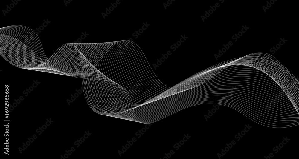 Poster elegant abstract white wave lines flowing smoothly across a deep black background, creating a minima