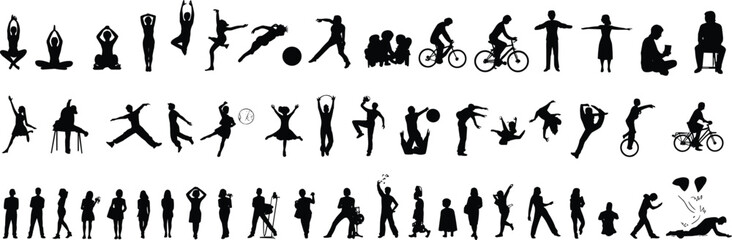 Silhouettes of people in various activities and poses, yoga, dancing, cycling, sports, sitting, walking, diverse actions, lifestyle, health, fitness