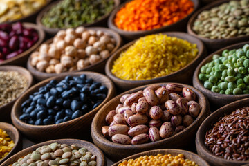 Legumes, a set consisting of different types of beans, lentils and peas