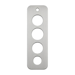 Photo of brushed metal panel with four circular cutouts and a small hole at the top, isolated on transparent background