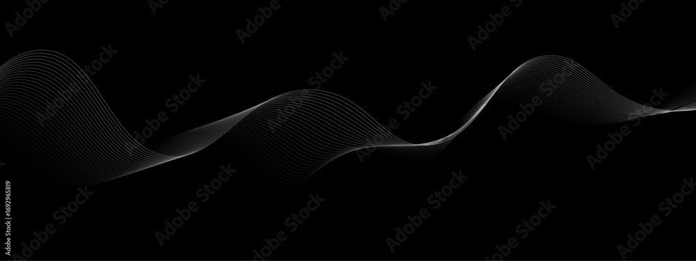 Poster elegant abstract white wave lines flowing smoothly across a deep black background, creating a minima