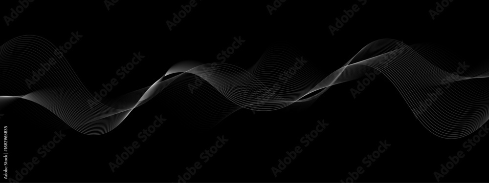 Poster elegant abstract white wave lines flowing smoothly across a deep black background, creating a minima
