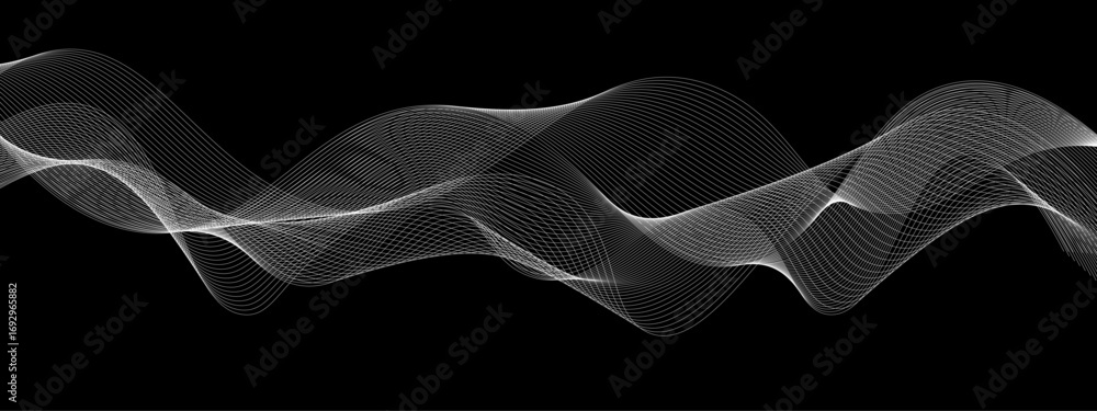 Poster elegant abstract white wave lines flowing smoothly across a deep black background, creating a minima