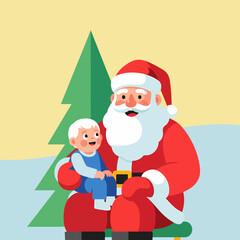 Santa Claus Hugging a Child in Front of a Christmas Tree.
