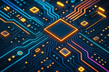Circuit Board, glowing neon blue and orange lines, technological background, abstract digital design