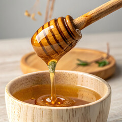 honey dripping slowly from wooden honey dipper