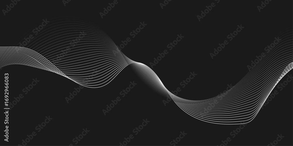Poster elegant abstract white wave lines flowing smoothly across a deep black background, creating a minima