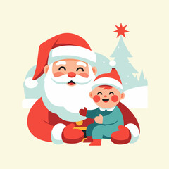 Santa Claus with a Happy Child in Front of a Winter Christmas Tree.