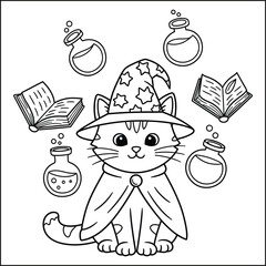 Whimsical Witchy Kitten with Spell Books and Potions - Enchanting Line Art for Fantasy and Halloween Themes