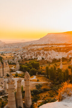 Aerial View of Fairy Chimneys in Love Valley Cappadocia at Golden Hour Sunset