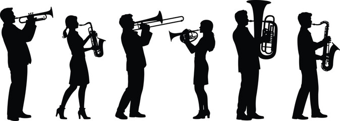 Silhouettes of six musicians playing trumpet, saxophone, trombone, tuba, and other brass instruments, standing in line, musical performance © Hanif World