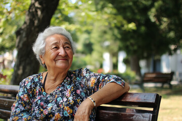 Grey hair senior lady seated on a bench in a parc, with a  serene expression, on a summer day