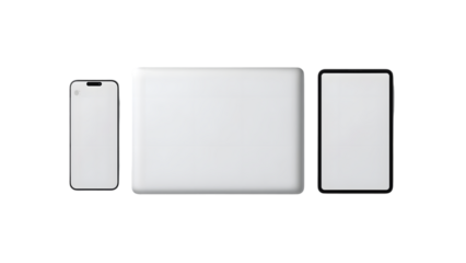 Digital Devices Array: A modern setup of devices includes a sleek smartphone, a powerful laptop, and a versatile tablet, offering a glimpse into modern digital experience and sleek design.