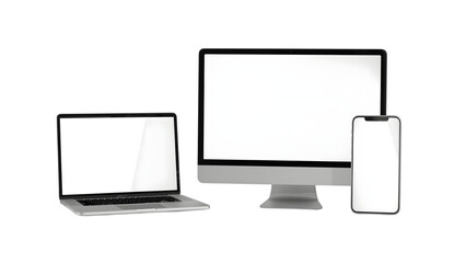 Digital Trio: A modern, sleek arrangement of digital devices, including a laptop, desktop computer, and a smartphone, displayed in a bright and minimalist setting, with empty screens