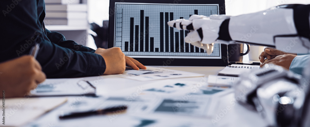 Poster a modern business meeting showcasing a robot hand interacting with a data analysis chart on a screen
