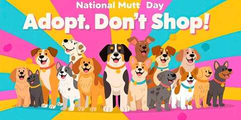 Fototapeta premium A colorful illustration celebrating National Mutt Day. Various mixed-breed dogs of different sizes and colors are shown, promoting adoption with the slogan 'Adopt. Don't Shop!'
