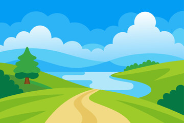 Cartoon landscape with mountains and tree