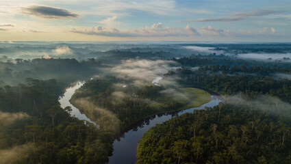 A beautiful aerial view of a winding river in the Amazon rainforest. The dense jungle is partially covered in a morning mist, creating a serene and mystical atmosphere. 