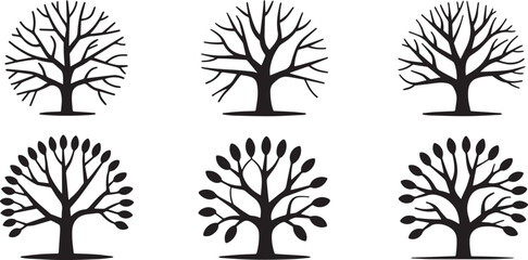 Set of six black silhouette branch trees with different shapes and styles, perfect for nature design, illustrations, branding, and decorative projects.