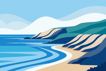 Coastal view with beach and rolling hills