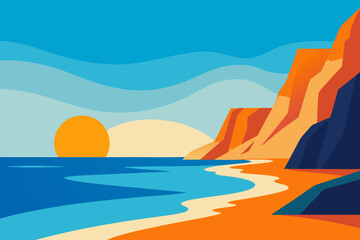 Sunset over the beach with rocky cliffs