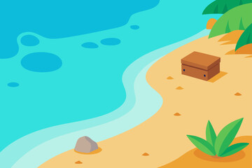 Cartoon beach scene with a treasure chest