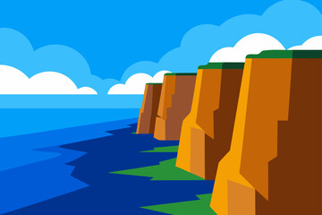 Cartoon cliffs along the ocean with clouds
