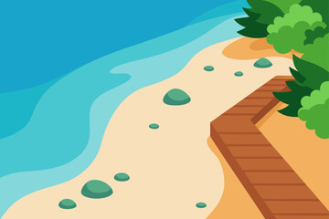 Cartoon beach scene with wooden walkway