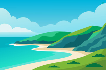Coastal landscape with hills and beach view