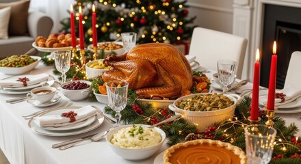 A beautifully set Thanksgiving table laden with roasted turkey, sides, and holiday decorations.