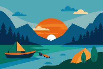 Landscape with boat tent and mountains view