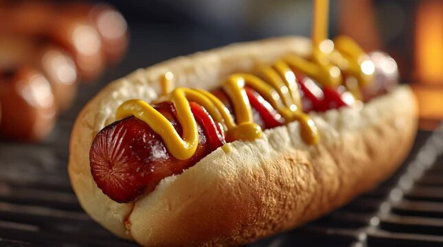 A close up of a hotdog on a grill with mustard and ketchup being poured on top of the delicious sausage