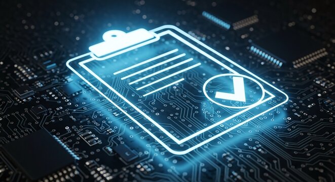 Digital Compliance Checklist Icon Glowing on Circuit Board Technology Audit Concept